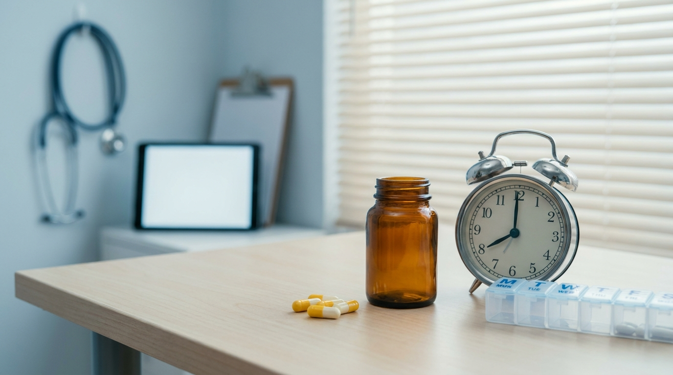 Gabapentin timing for pain relief shown with capsules and clock