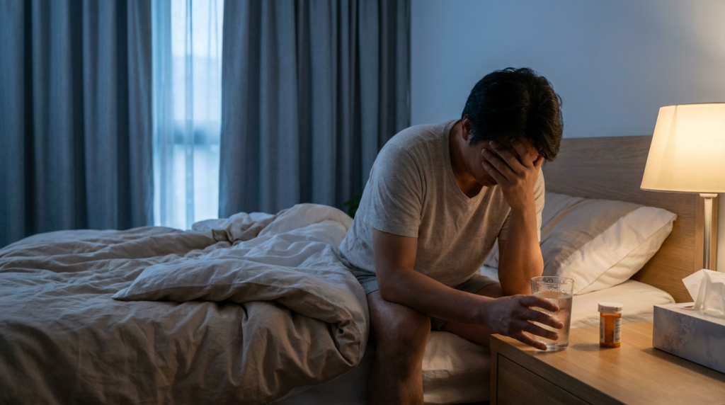 Adult coping with Suboxone withdrawal symptoms in a quiet bedroom