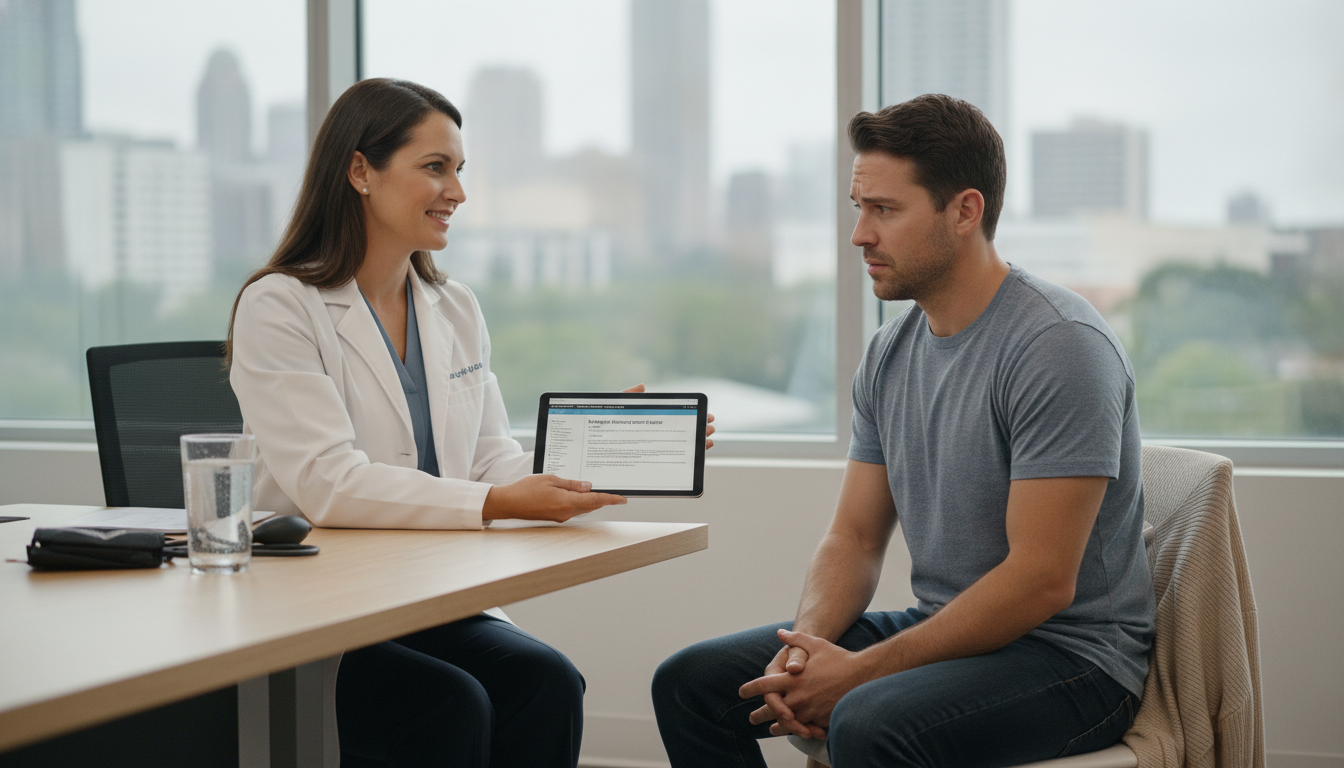 Atlanta clinician reviewing 7-OH addiction treatment plan with patient