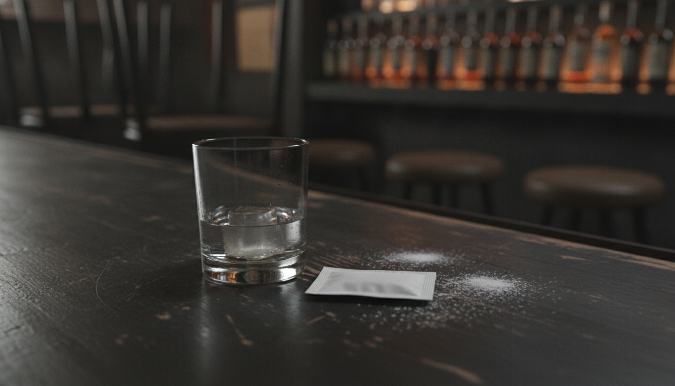 Cocaine and alcohol risk symbolized by cocktail glass and powder on bar