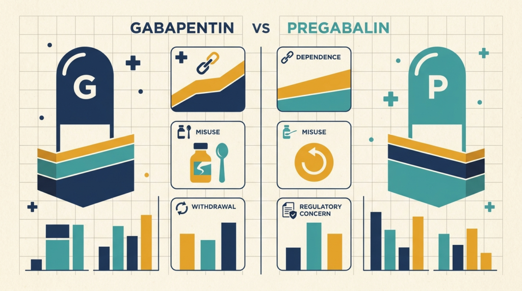 Gabapentin vs pregabalin dependence and misuse risk comparison graphic
