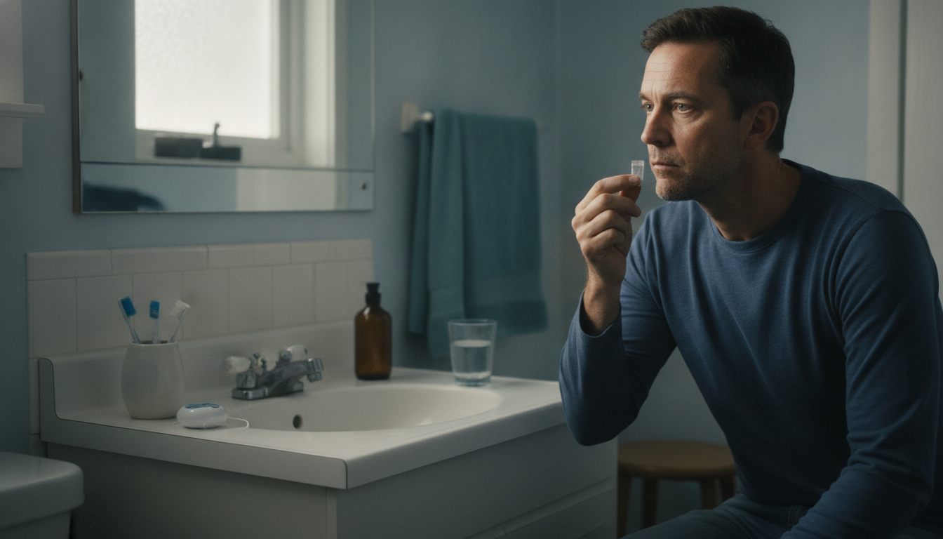 Patient considering Suboxone side effects with dental care items nearby
