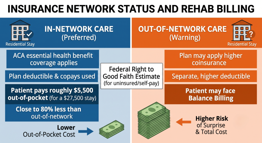 Visual comparison of in-network vs. out-of-network rehab expenses