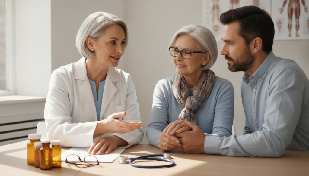 Doctor reviewing alcohol and medication risks with elderly patient