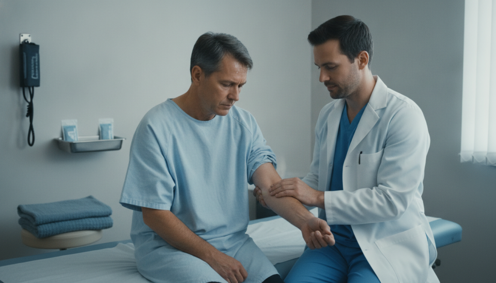 Clinician assessing patient for alcohol withdrawal symptoms in detox room