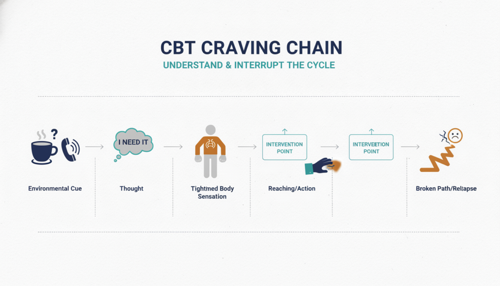 CBT for addiction diagram showing coping skills interrupting the craving chain