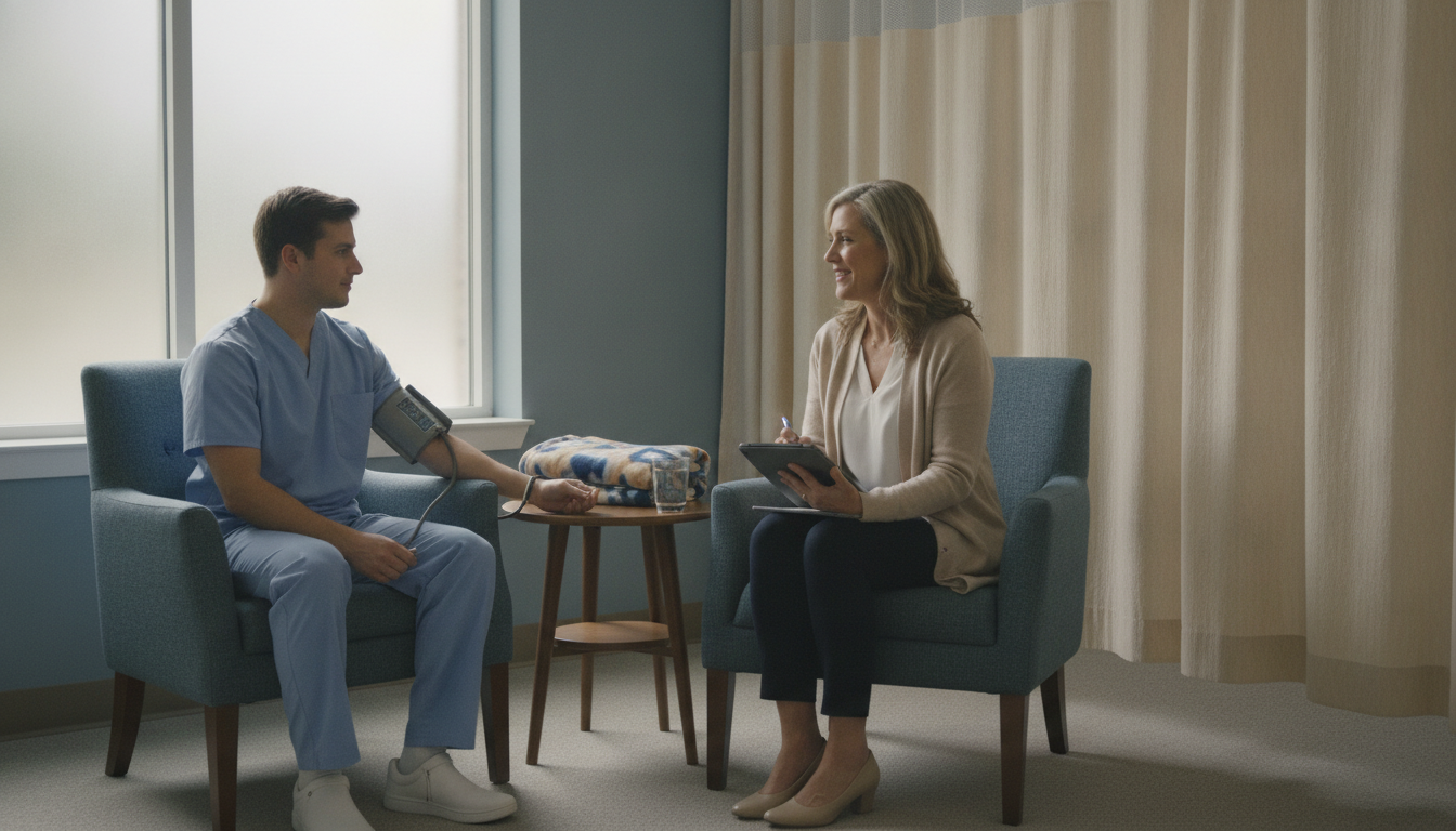 Counselor and nurse guide patient through first day of rehab care