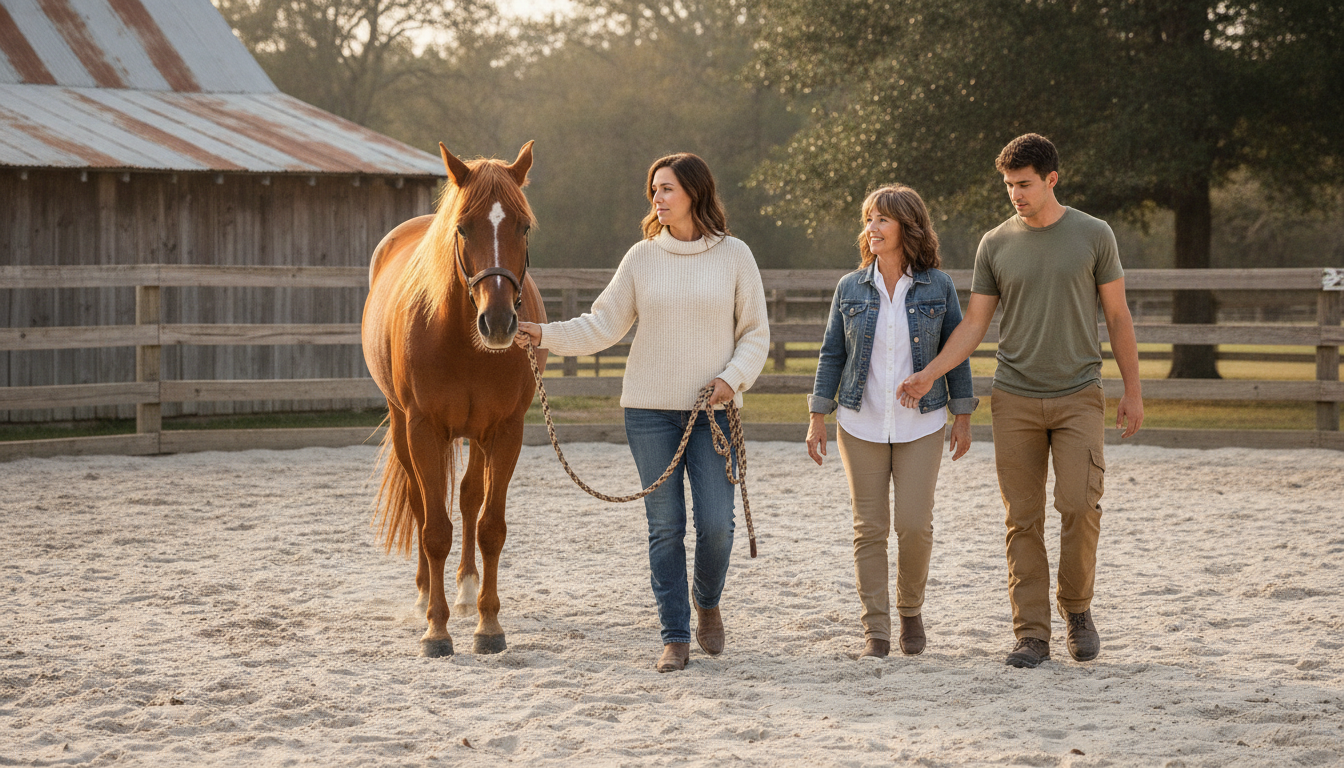 Equine therapy for addiction session with therapist, specialist, client and horse