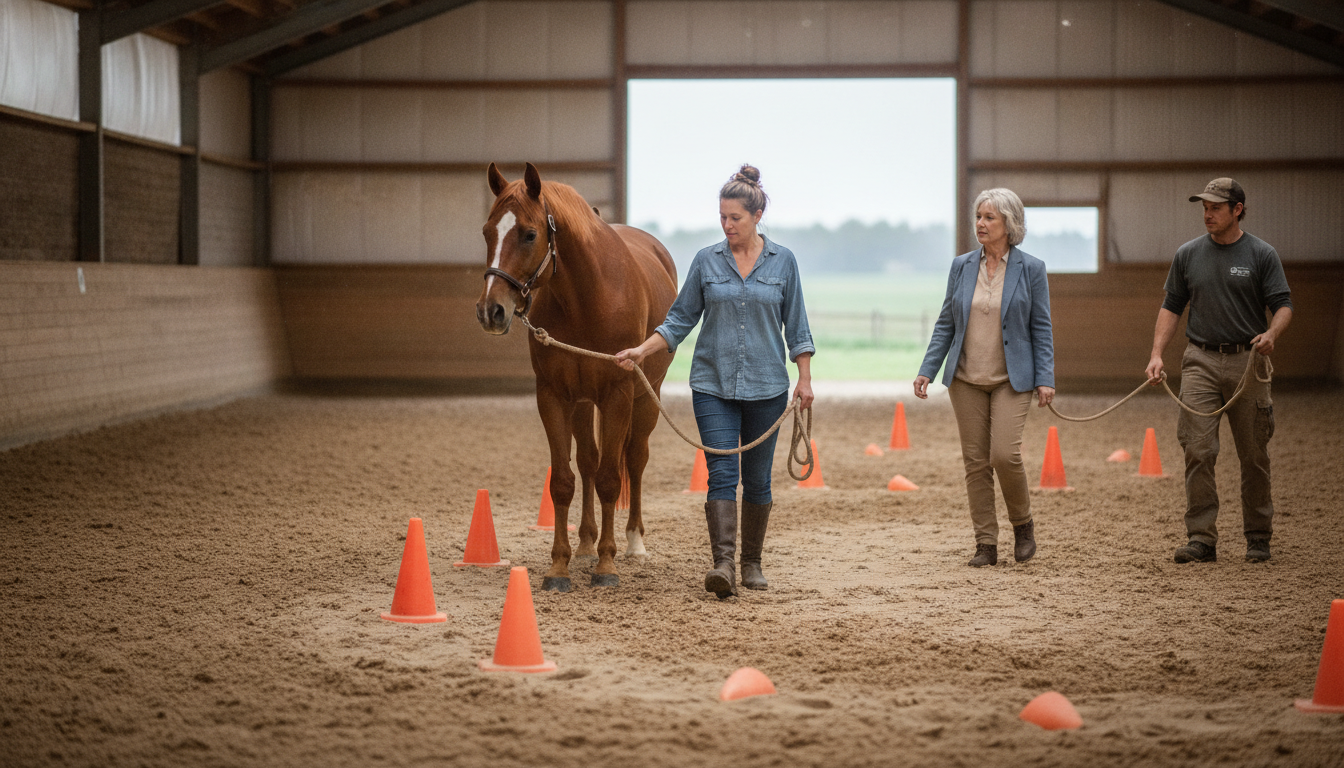 Ground-based equine therapy session with therapist, specialist, client and horse