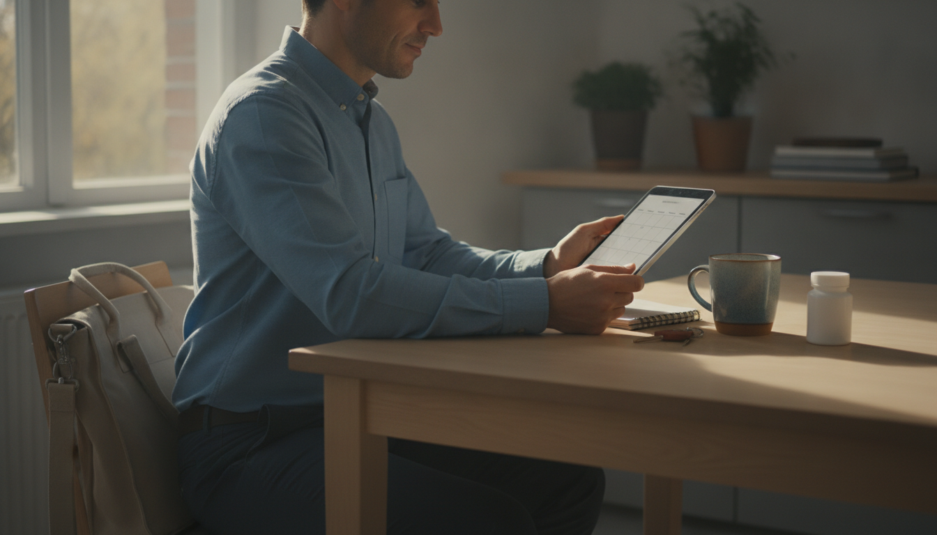 Person reviewing outpatient rehab schedule at home before daily routine
