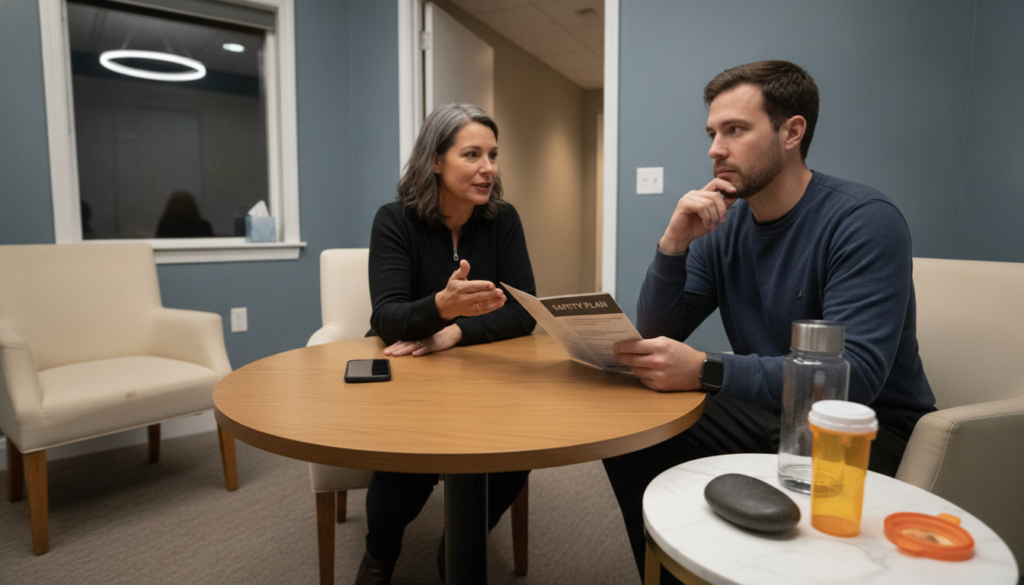 Clinician reviewing relapse safeguards during EMDR addiction treatment