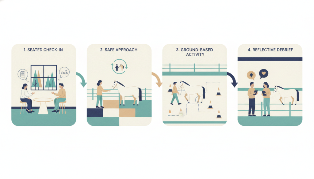 Equine therapy process flow from check-in to reflective debrief