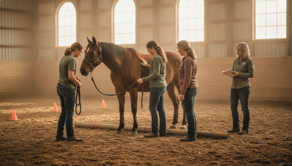 Group equine therapy in rehab practicing boundaries and coping skills
