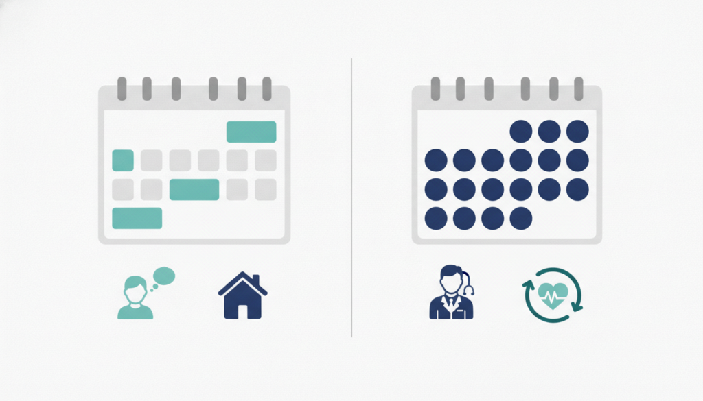 Visual comparison of standard outpatient rehab and intensive outpatient program structure