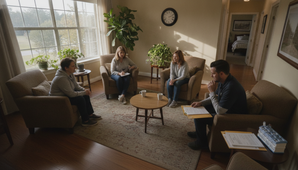 Group therapy and discharge planning during week two of rehab