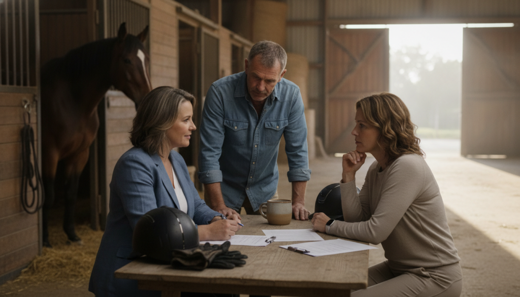 Clinical equine therapy for trauma recovery planning in a barn