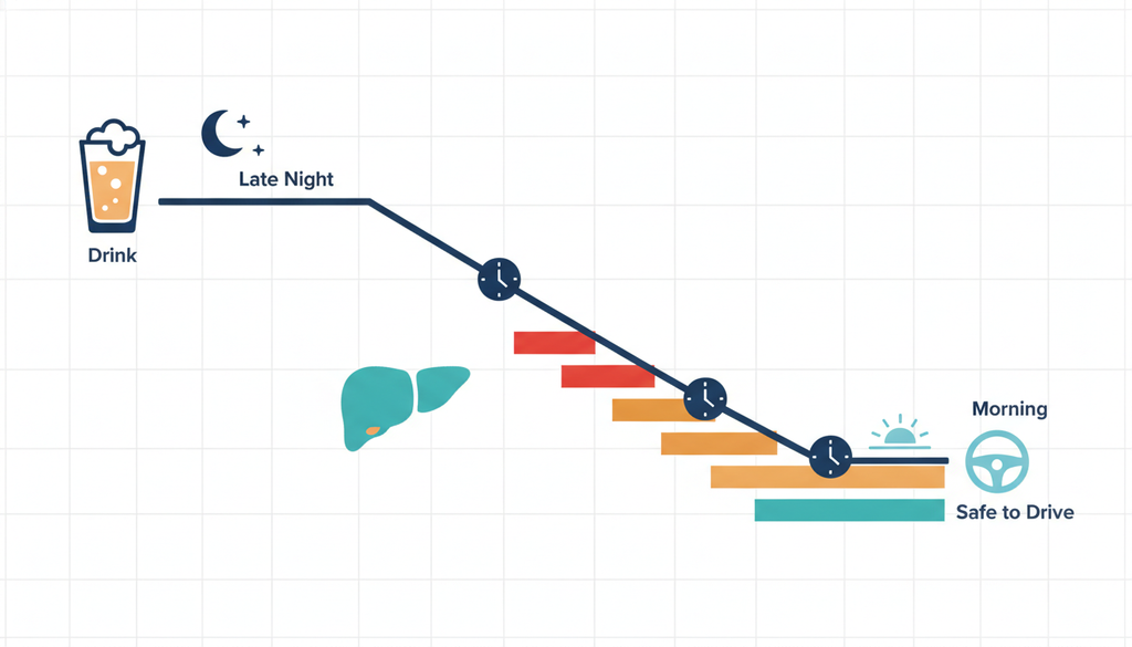 Alcohol metabolism infographic showing BAC declining slowly overnight