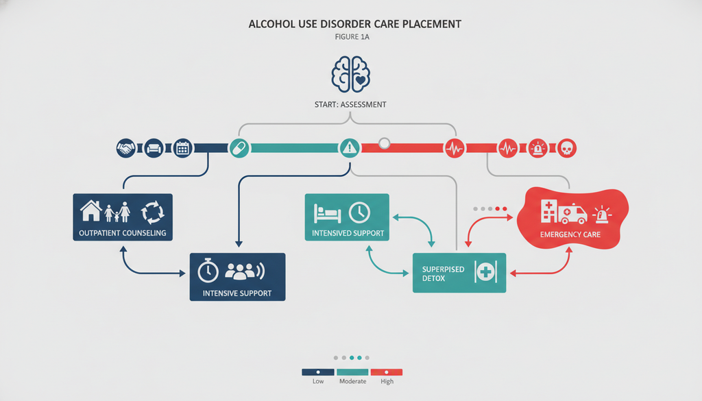 Alcohol use disorder level of care pathway with withdrawal and safety risks