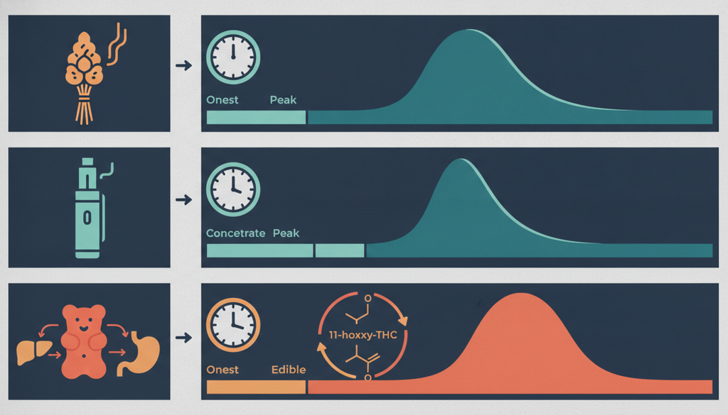 Cannabis route infographic comparing inhaled and edible intoxication timelines