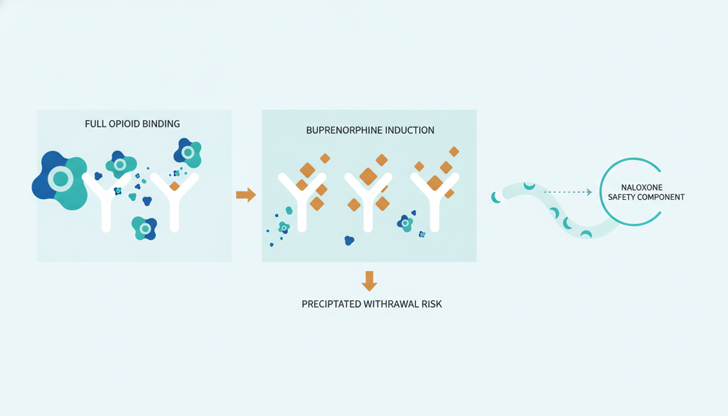 Diagram of buprenorphine naloxone receptor effects and precipitated withdrawal risk