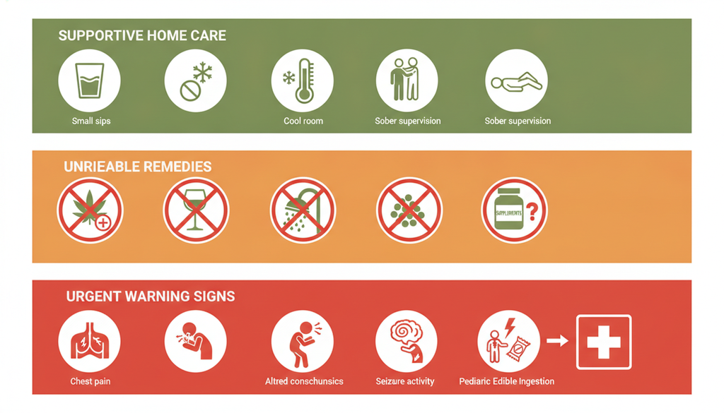 Greening out safety infographic showing home care and emergency warning signs