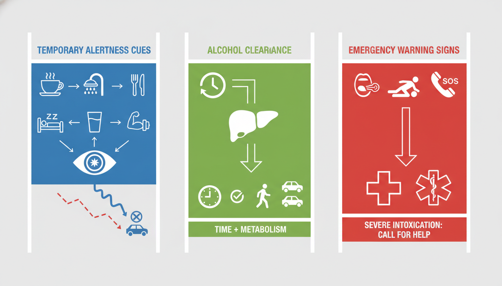 Infographic comparing sobriety myths, safe transport, and alcohol emergency signs