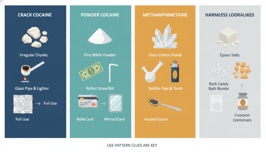 Visual comparison of crack cocaine, powder cocaine, methamphetamine and lookalikes